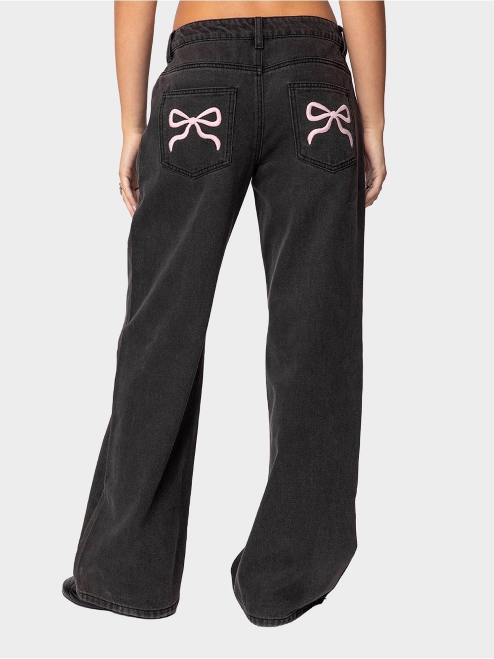 Edikted Black Wide-Leg Jeans with Pink Bow Pocket Embroidery